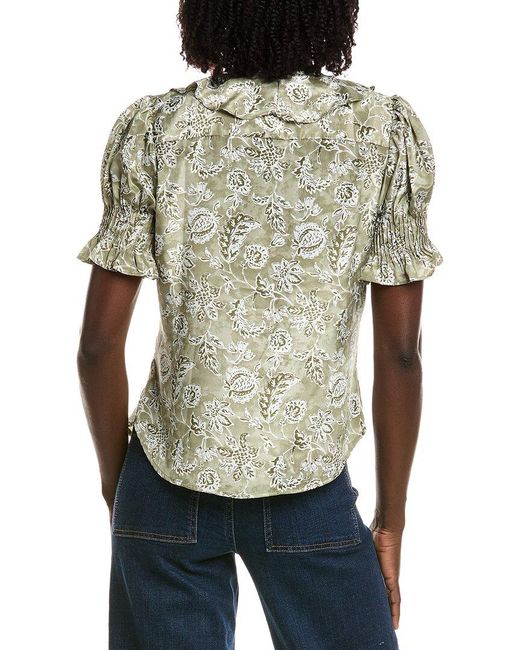 Tahari Green Short Gathered Sleeve Ruffle Top