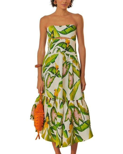 Farm Rio Green Linen Summer Foliage Off Strapless Midi Dress
