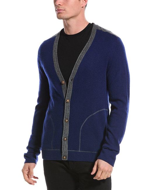 Qi Blue Cashmere Colorblocked Cashmere Cardigan for men