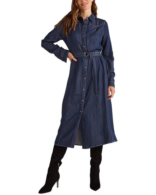 Bella Dahl Blue Western Yoke Linen-Blend Midi Dress