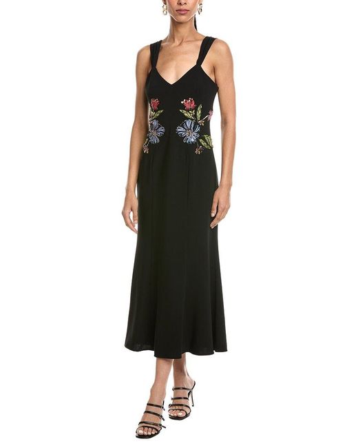 Cinq À Sept Black Floral Mixed Media Andre Midi Dress
