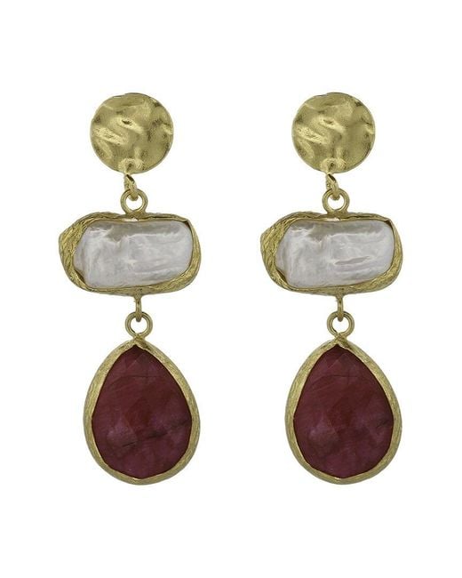 Ebru Jewelry Metallic Pearl Collection Plated Ruby Dangle Earrings