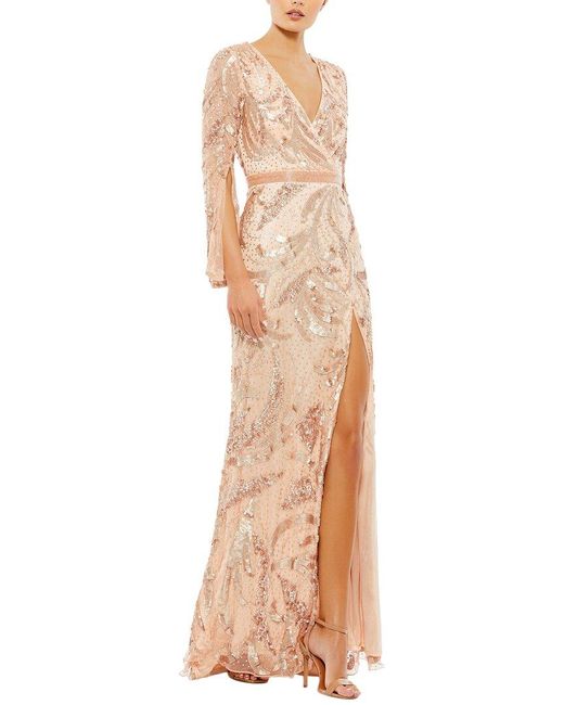 Mac Duggal Natural Sequined Faux Wrap Gown