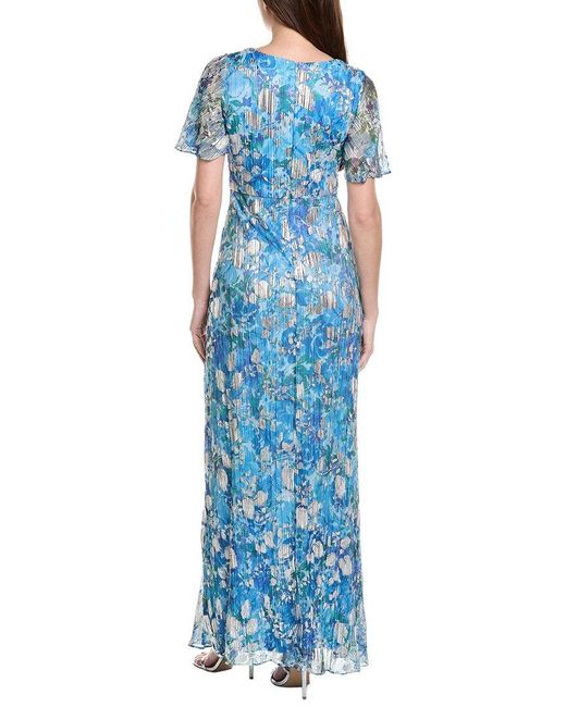 Adrianna Papell Blue Flutter Sleeve Crinkle Foil Floral Gown