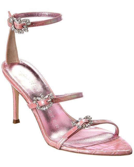 Sophia Webster Pink Grace Mid Croc-Embossed Leather Sandal