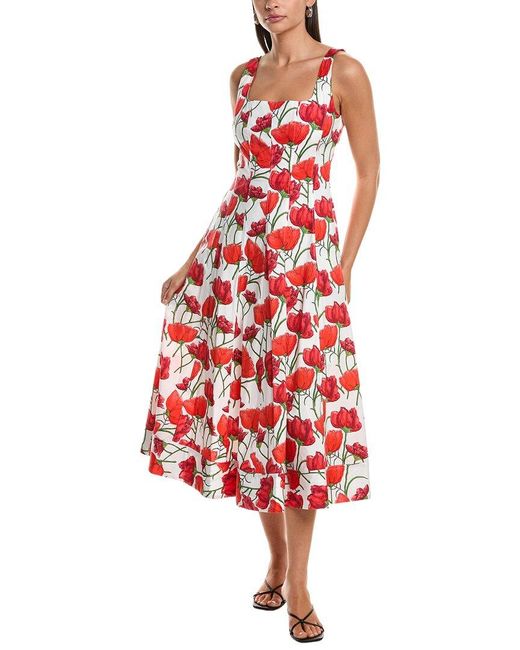 MILLY Red Nia Peonia Poplin Square Neck Dress