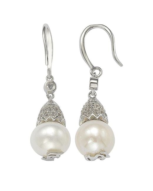 Suzy Levian White Silver 0.50 Ct. Tw. Sapphire & 8mm Pearl Drop Earrings