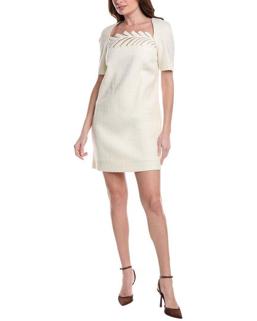 Oscar de la Renta Natural Fern Embroidered Silk-Lined Wool-Blend Shift Dress