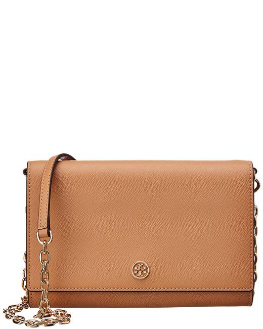 Tory Burch Brown Robinson Leather Wallet On A Chain