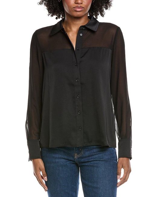 Cece Black Sheer Combo Button Down Blouse