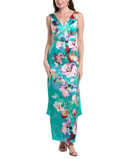 Adrianna Papell Blue Printed Mikado Bow Back Gown