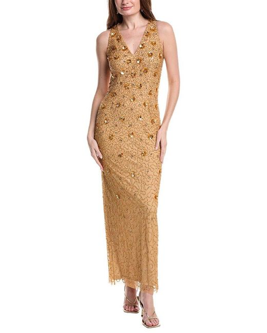 Adrianna Papell Metallic Beaded Halter V Neck Column Dress