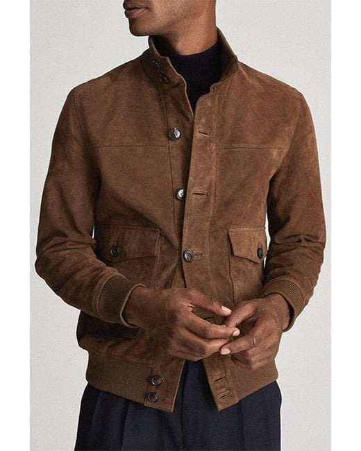 Reiss Brown Angel Suede Funnel Leather Jacket for men