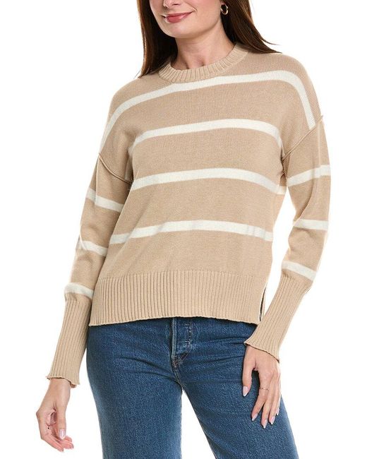 Hannah Rose Natural Drop Shoulder Stripe Crewneck Cashmere-Blend Sweater