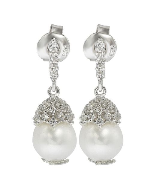 Suzy Levian White Silver 0.65 Ct. Tw. Sapphire & 8mm Pearl Drop Earrings