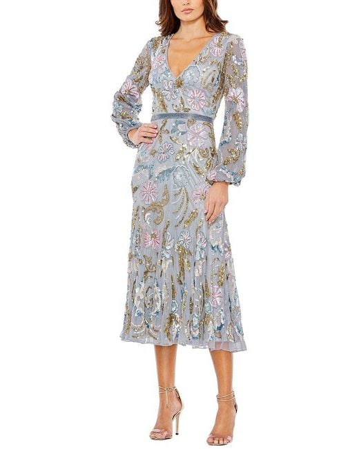 Mac Duggal Gray Long Cuff Sleeve Embellished Midi Dress