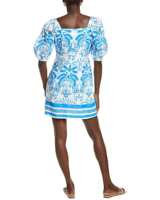 Anne Klein Blue Square Neck Puff Sleeve Mini Dress