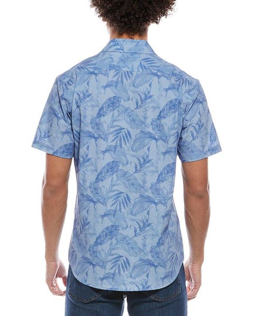 Tailorbyrd Blue Tropical Leaves Printed Seersucker Shirt for men