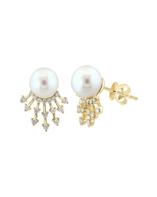 Effy Fine Jewelry Metallic 14K 0.32 Ct. Tw. Diamond & 7.5Mm Pearl Earrings