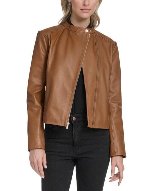 Cole Haan Brown Stand Collar Leather Racer Jacket