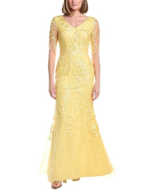 Rene Ruiz Yellow V-Neck Elbow Sleeves Trumpet Gown