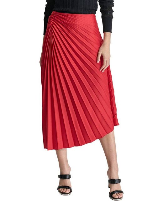 DKNY Red Asymmetrical Pleated Satin Skirt