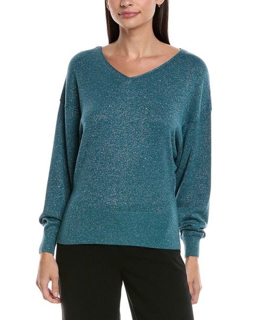 Lafayette 148 New York Blue Wool & Silk-Blend Voluminous Sleeve V-Neck Sweater