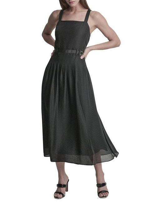 DKNY Black Belted Gazare Pleated Dress