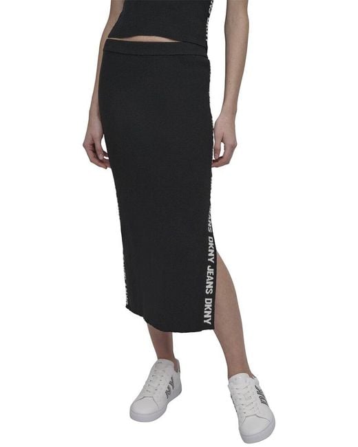 DKNY Black Side Logo Rib Midi Skirt
