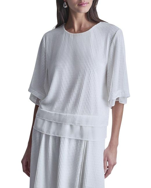 DKNY Blue 3/4 Drop-Shoulder Layered Windowpane Top
