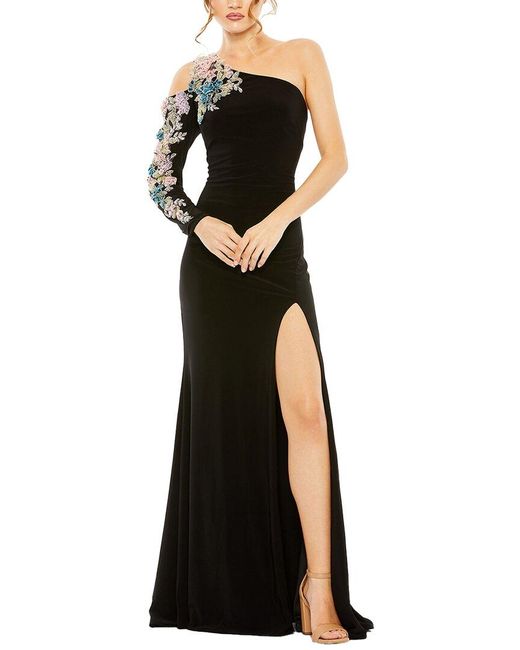 Mac Duggal Black One Shoulder Floral Embellished Gown