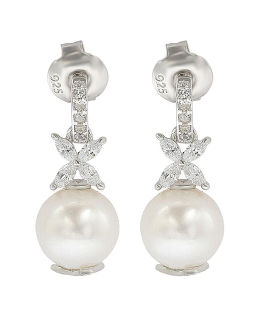 Suzy Levian White Silver Sapphire & 8mm Pearl Earrings