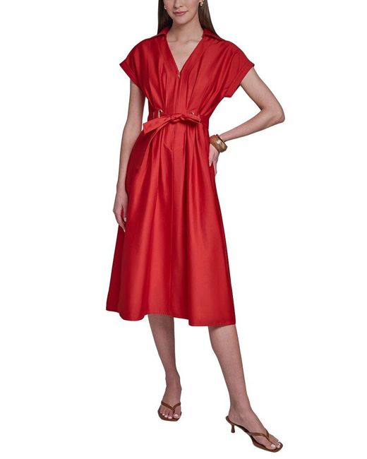 Halston Heritage Red Cotton Sateen Midi Shirt Dress