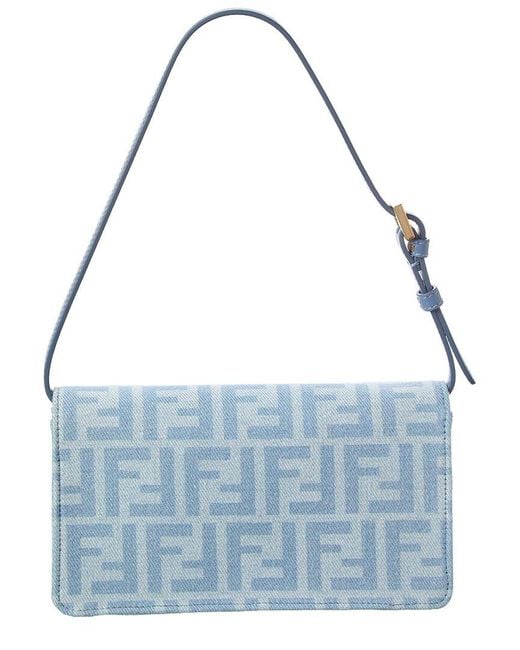 Fendi Blue Baguette Ff Denim & Leather Wallet On Chain