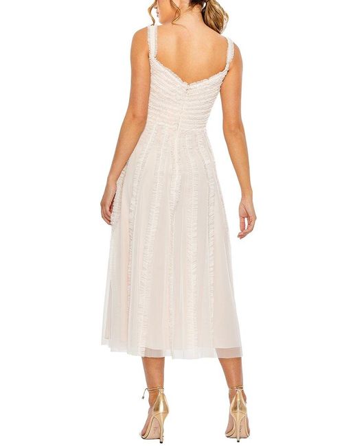Mac Duggal White Sleeveless V Neck Ruffle Tiered Midi Dress
