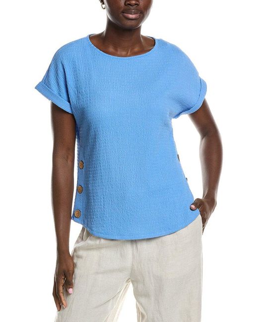 Jones New York Blue Seabreeze Crinkle Side Button Top