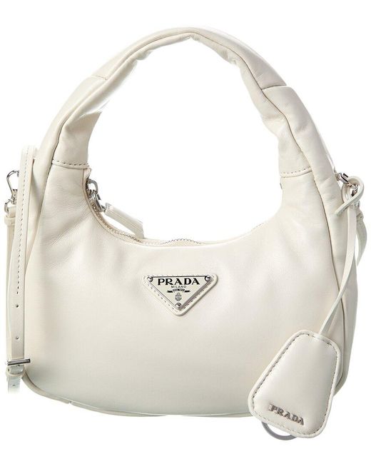 Prada White Logo Padded Mini Leather Hobo Bag