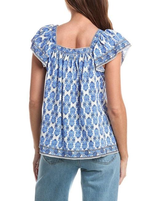 Max Studio Blue Square Neck Flutter Sleeve Blouse