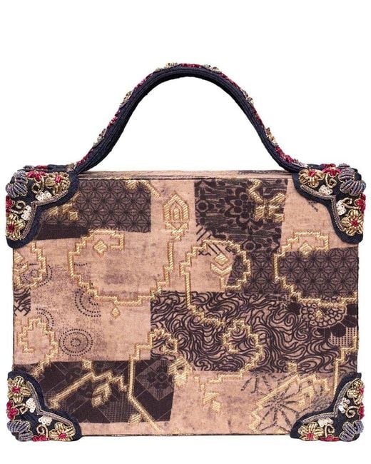 Simitri Brown Hard Structured Brocade Top-Handle Bag