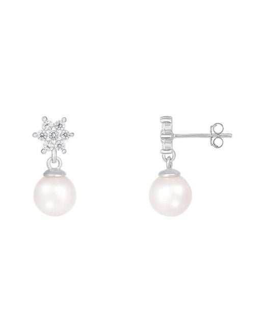Splendid White 14K 0.28 Ct. Tw. Diamond & 7-7.5Mm Pearl Dangle Earrings