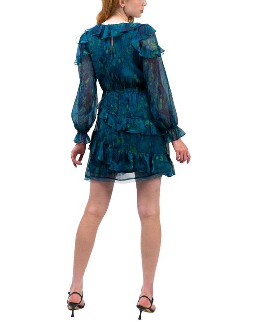 Marchesa Blue Pleated Long Sleeve Chiffon Mini Dress