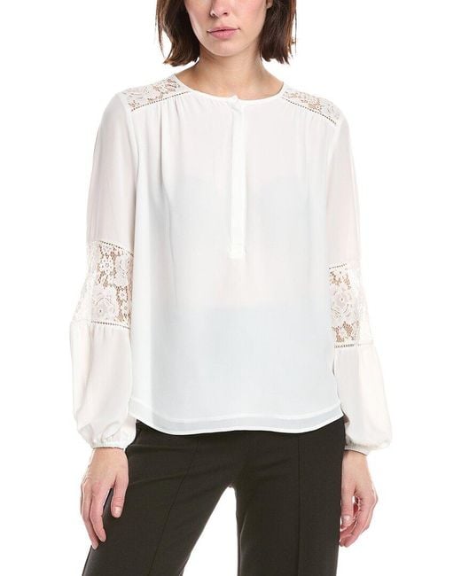 Tahari White Half Placket Lace Trim Blouse