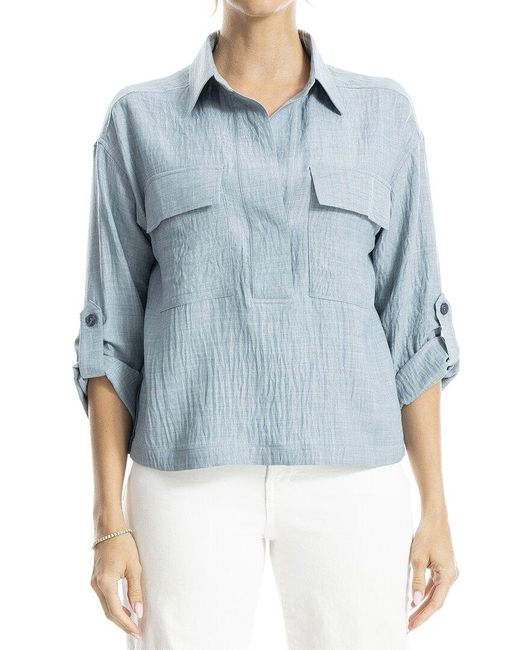 Max Studio Blue 3/4 Sleeve Collar Top With Pockets