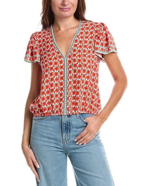 Max Studio Red Flutter Sleeve Bubble Hem Blouse