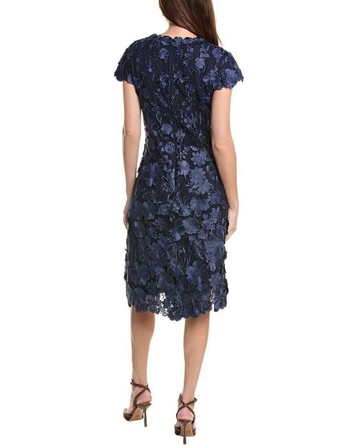 Teri Jon Blue 3D Applique Floral Lace A-Line Dress