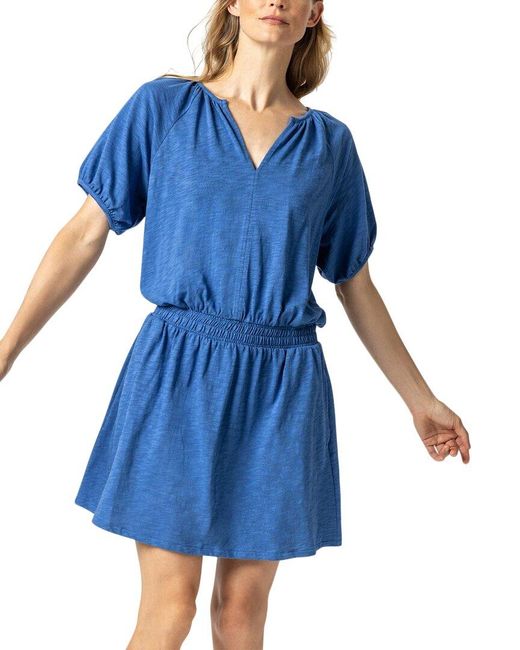 Lilla P Blue Elastic Waist Split Neck Mini Dress