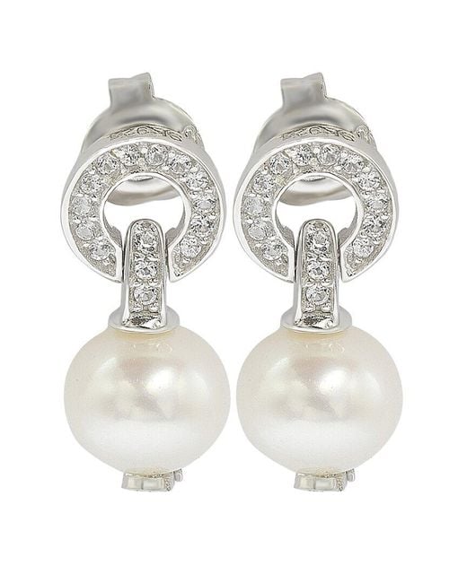 Suzy Levian White Silver 0.30 Ct. Tw. Sapphire & 8mm Pearl Drop Earrings