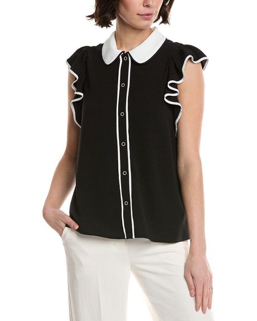 Cece Black Flutter Sleeve Collared Blouse