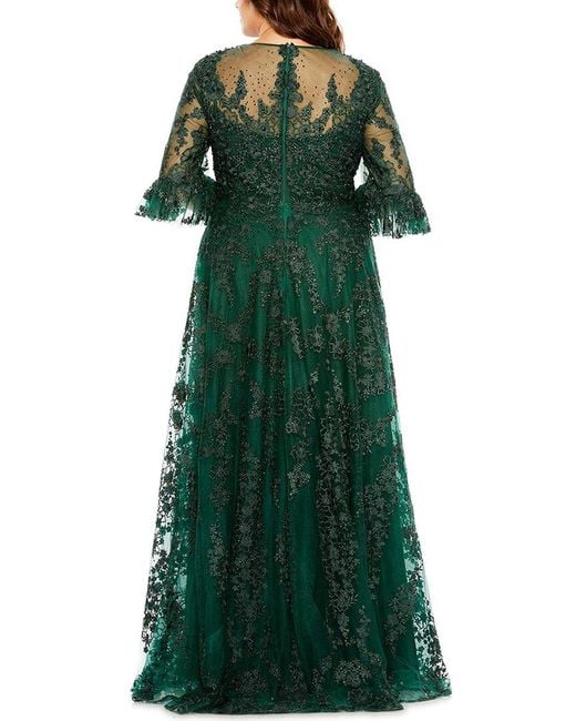 Mac Duggal Green Plus High Neck Flutter Sleeve Embroidered A-Line Gown
