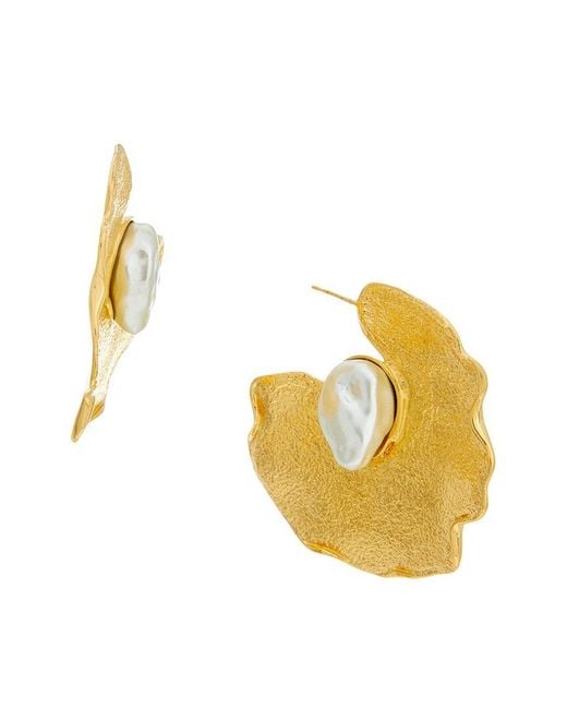 Oscar de la Renta Metallic Pearl Lilypad Hoop Earrings